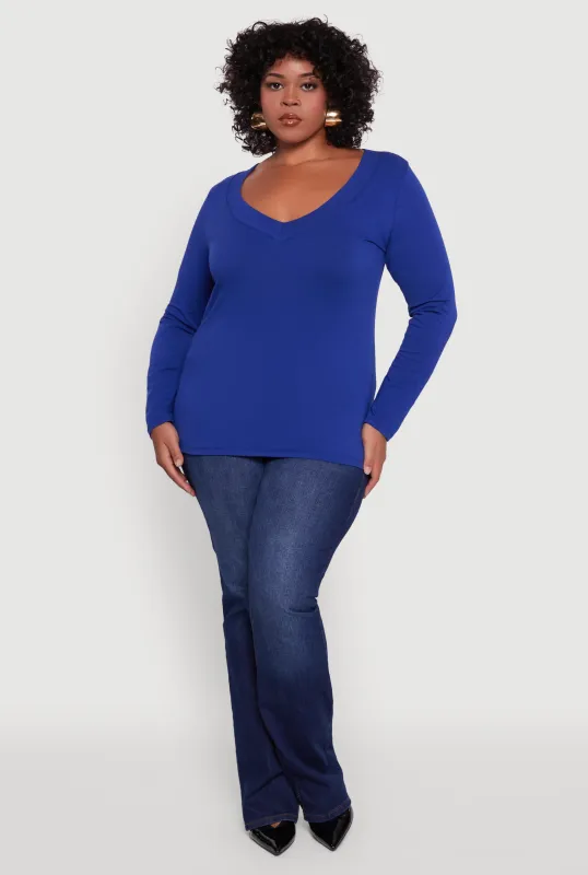 Plus Size Long Sleeve V-Neck Basic Tee sold by Rainbow