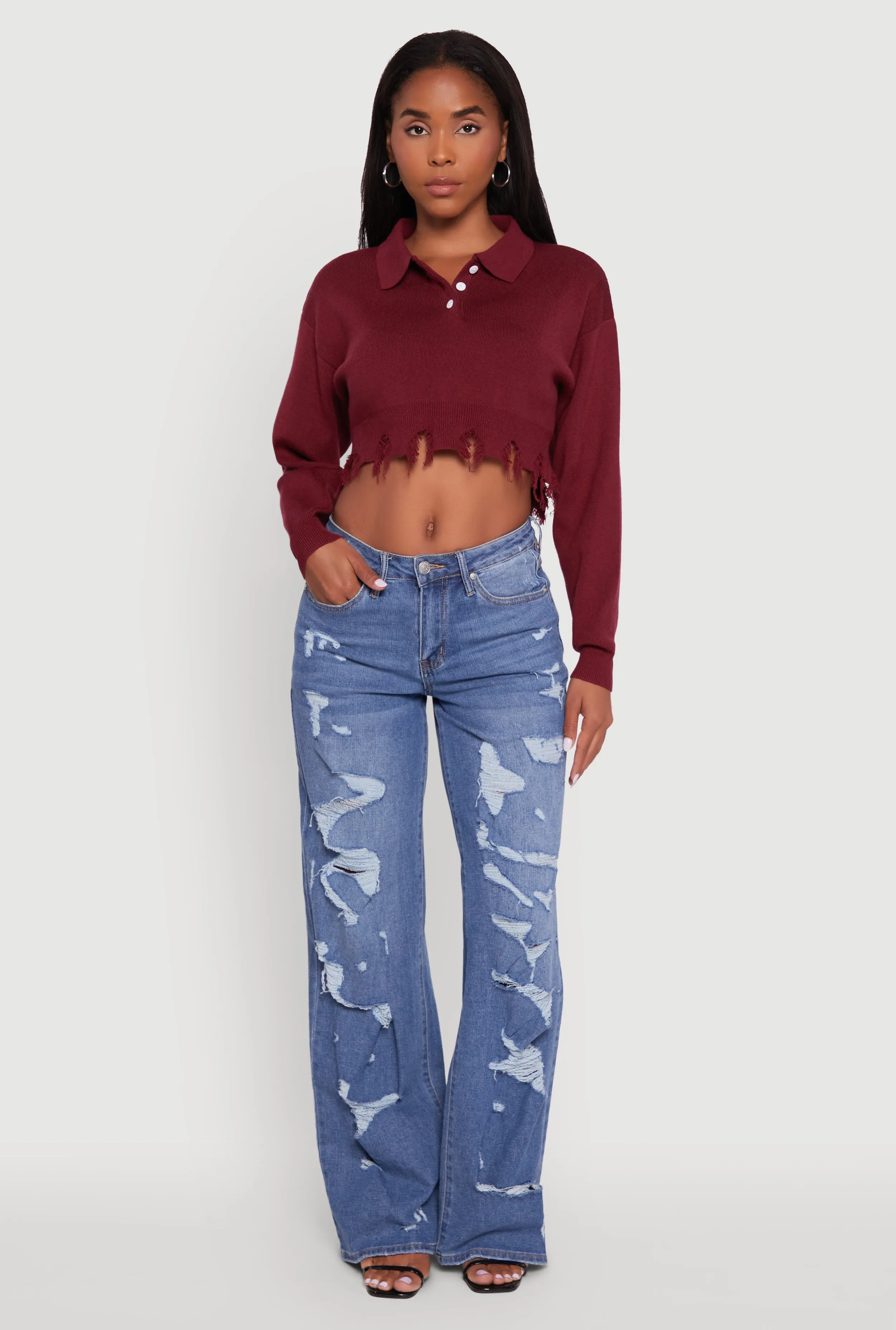 Frayed High Low Hem Cropped Long Sleeve Sweater sold by Rainbow product image thumbnail 5