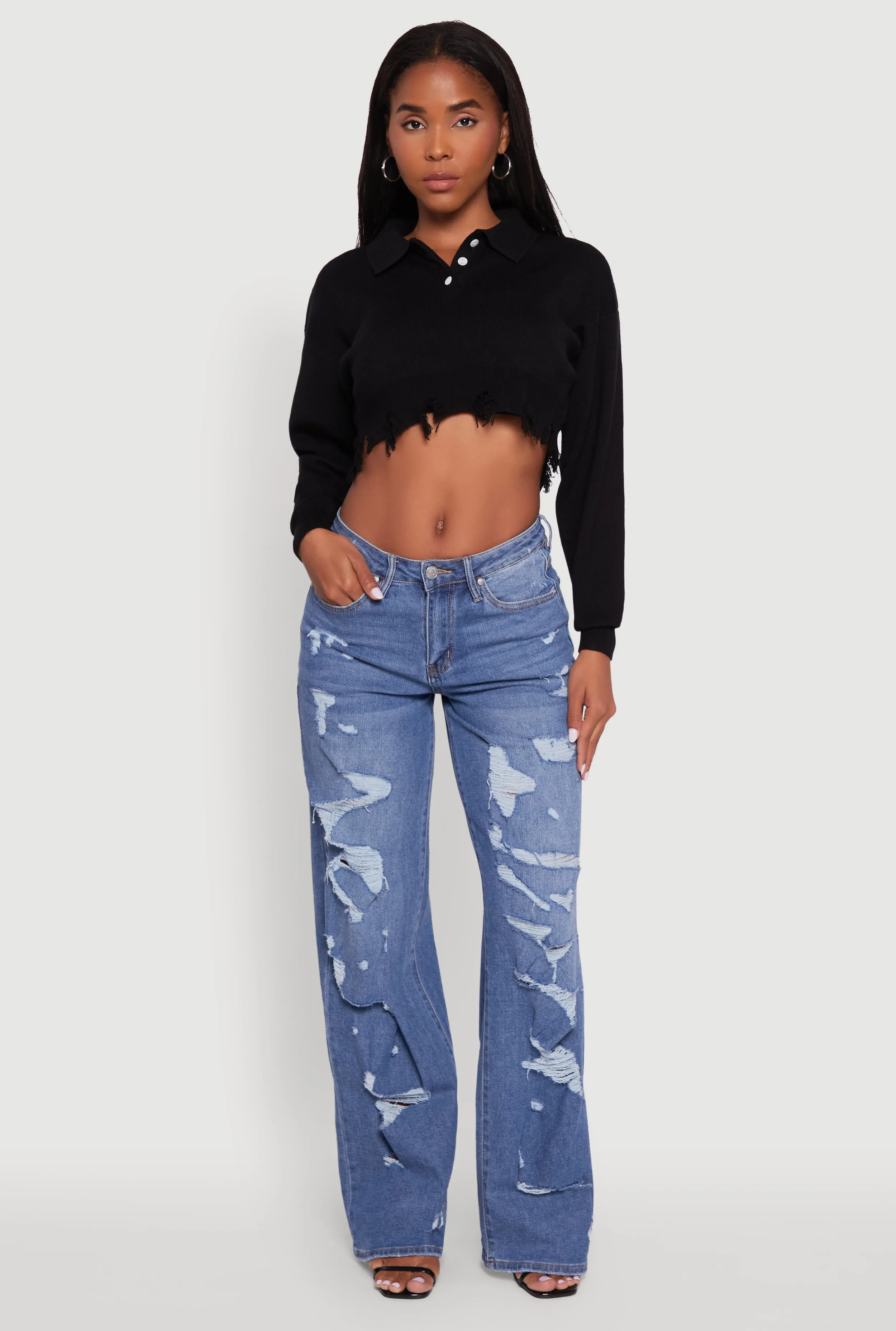 Frayed High Low Hem Cropped Long Sleeve Sweater sold by Rainbow