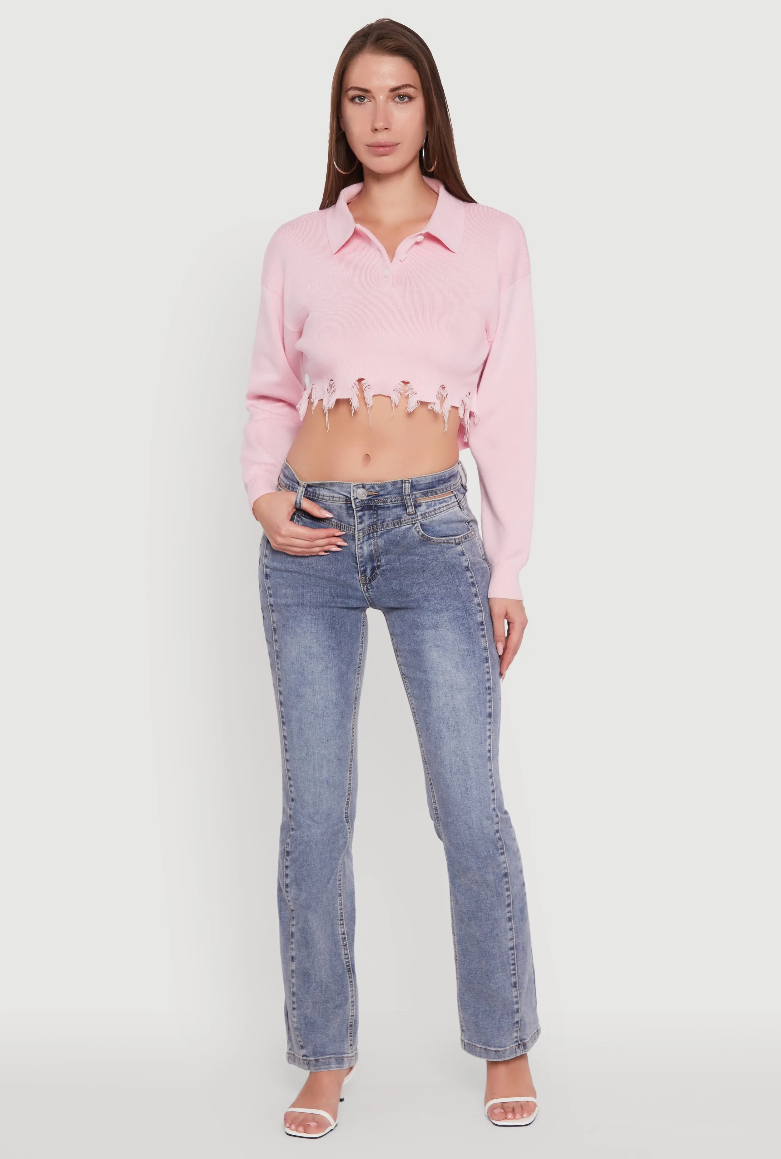 Frayed High Low Hem Cropped Long Sleeve Sweater sold by Rainbow product image thumbnail 3