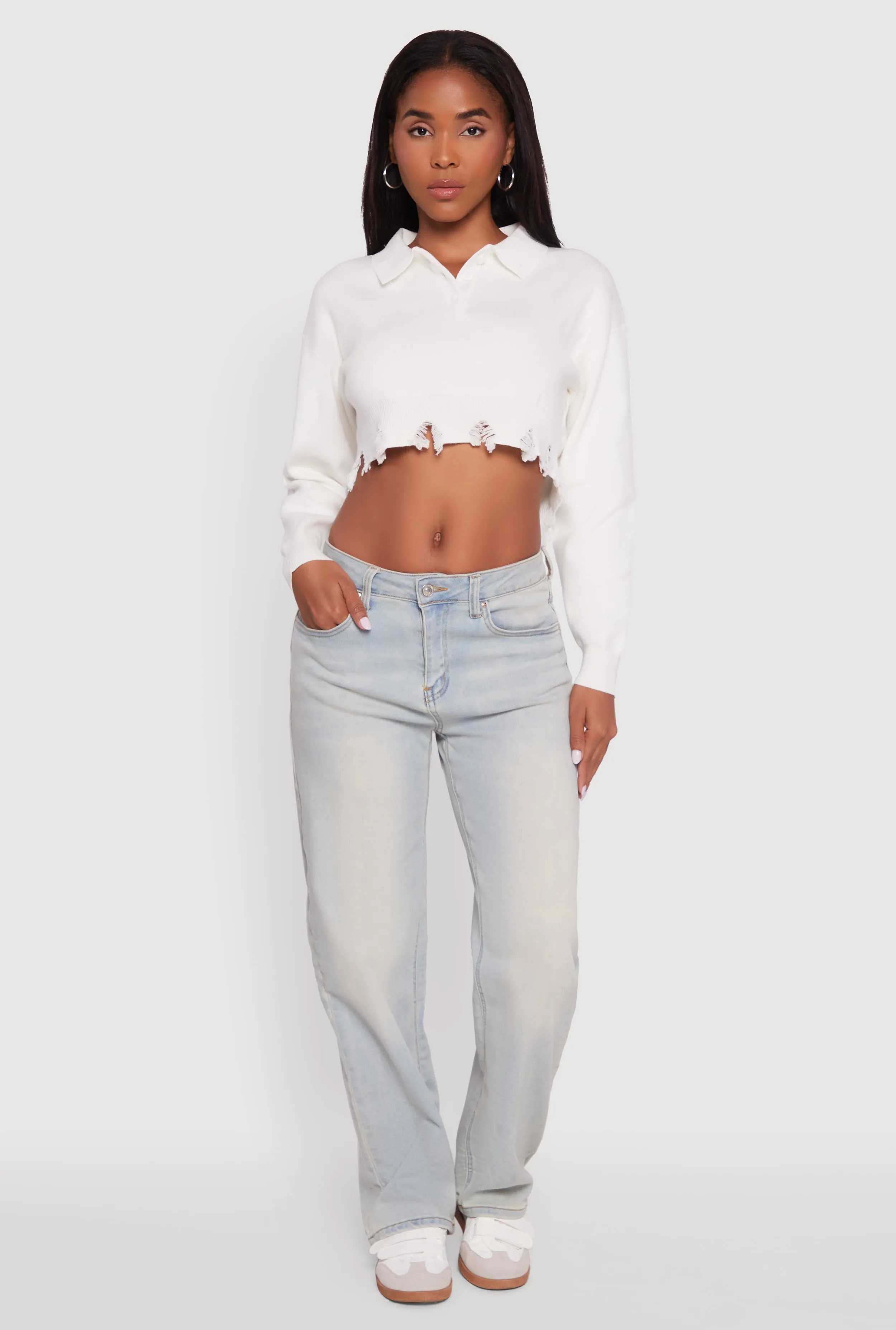 Frayed High Low Hem Cropped Long Sleeve Sweater sold by Rainbow product image thumbnail 2