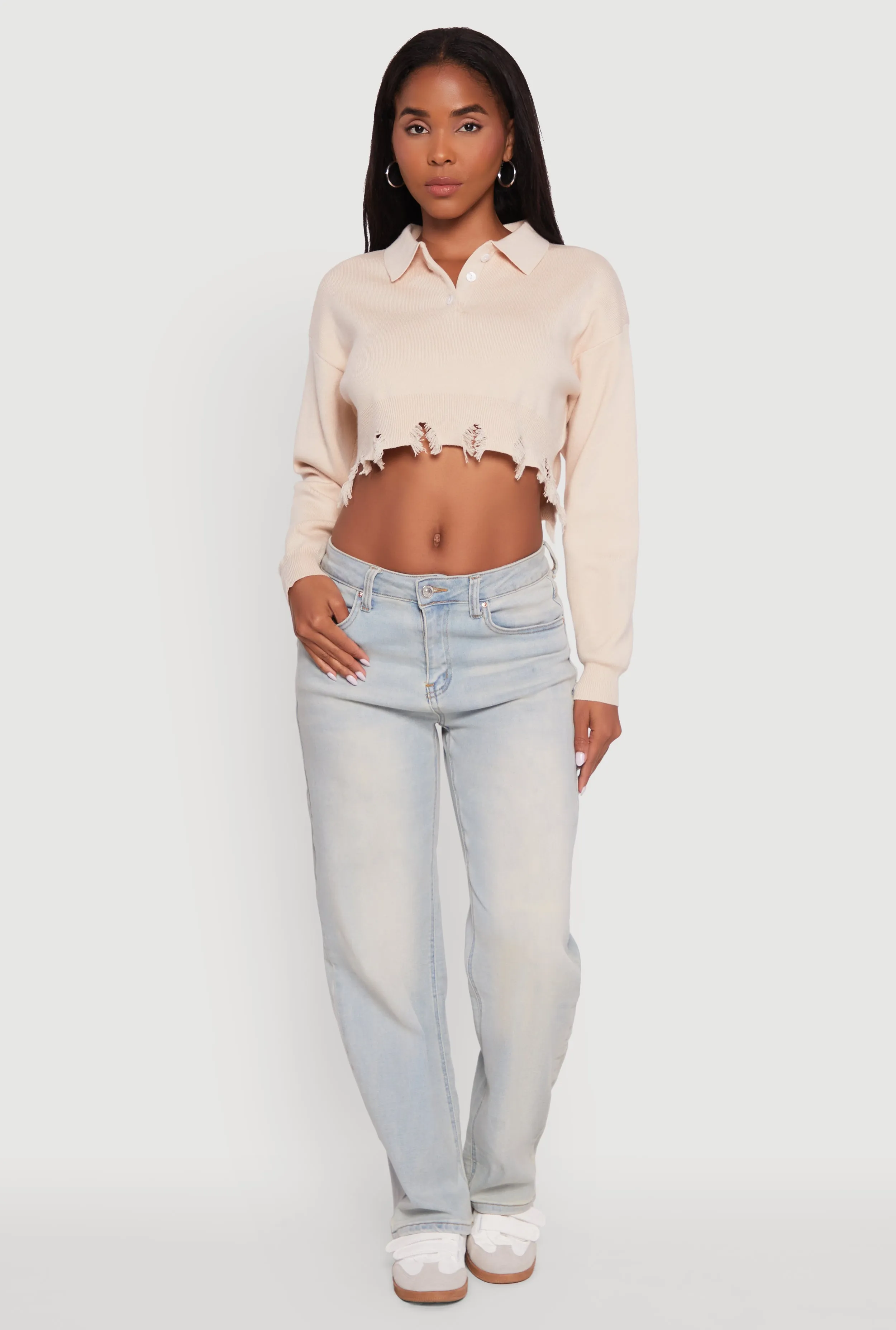 Frayed High Low Hem Cropped Long Sleeve Sweater sold by Rainbow product image thumbnail 4