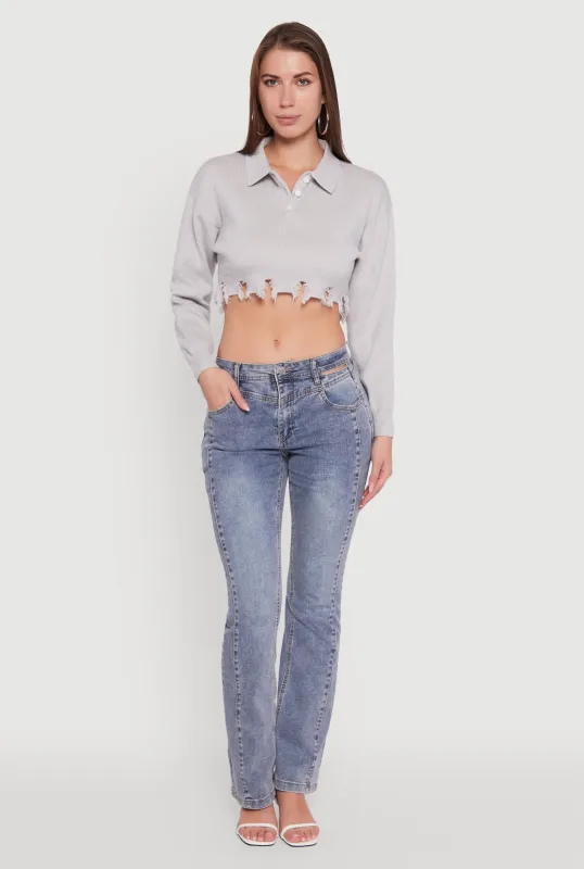 Frayed High Low Hem Cropped Long Sleeve Sweater sold by Rainbow