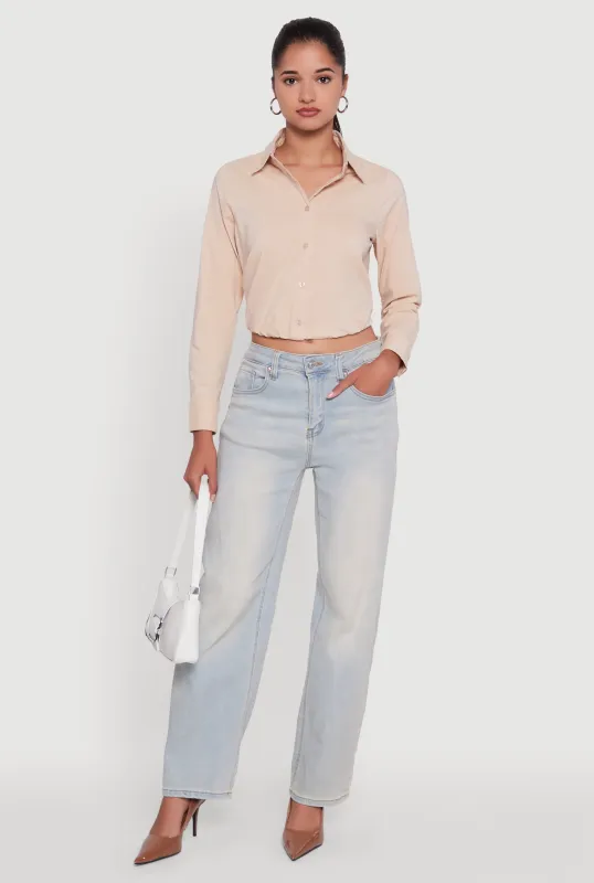 Cropped Button Front Elastic Hem Blouse sold by Rainbow