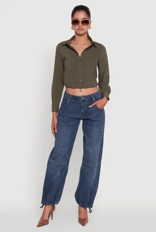 Cropped Button Front Elastic Hem Blouse sold by Rainbow