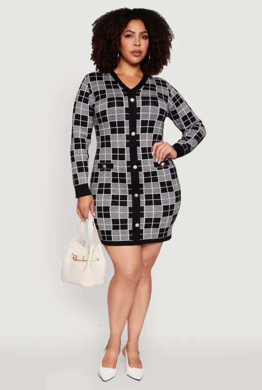Plus Size V-Neck Checkered Plaid Sweater Dress sold by Rainbow