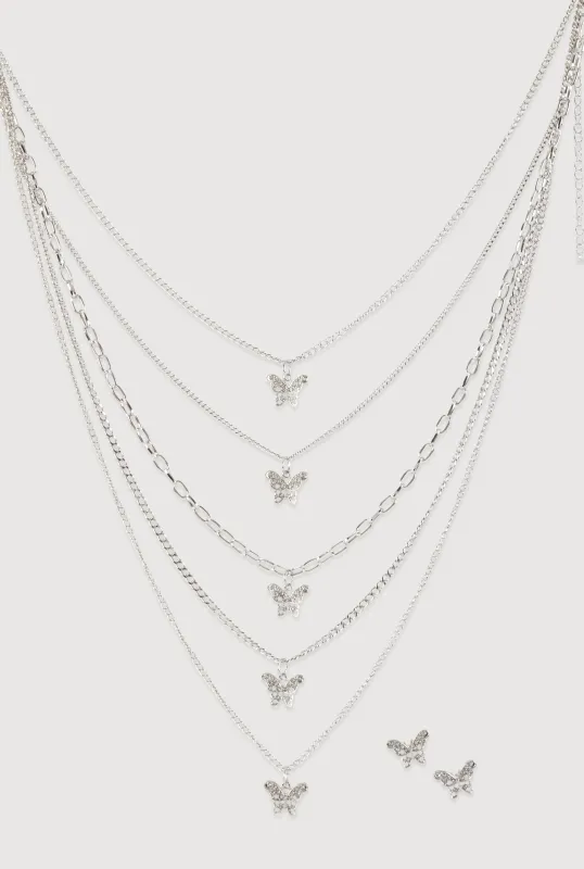 Butterfly Charm Layered Chain Necklace and Earrings sold by Rainbow