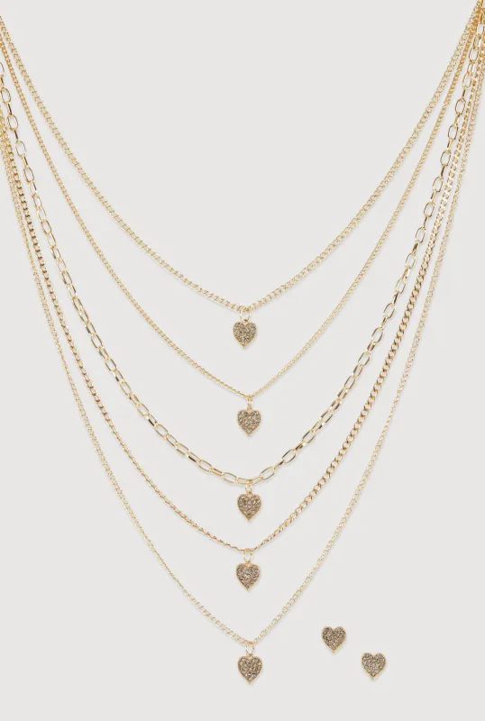 Heart Charm Layered Chain Necklace and Earrings sold by Rainbow