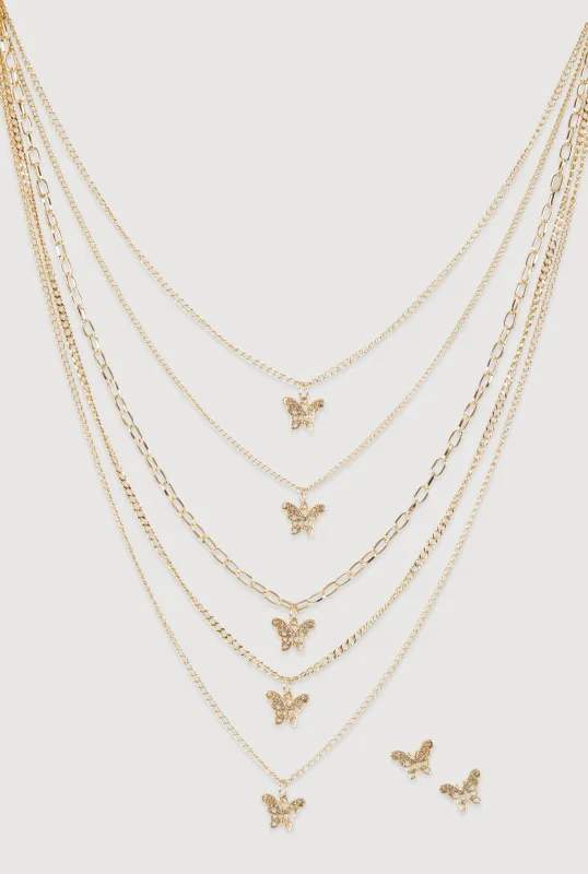 Butterfly Charm Layered Chain Necklace and Earrings sold by Rainbow