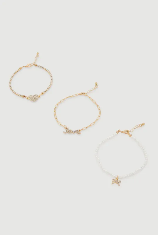 Assorted Rhinestone and Faux Pearl Charmed Anklets Set of 3 sold by Rainbow
