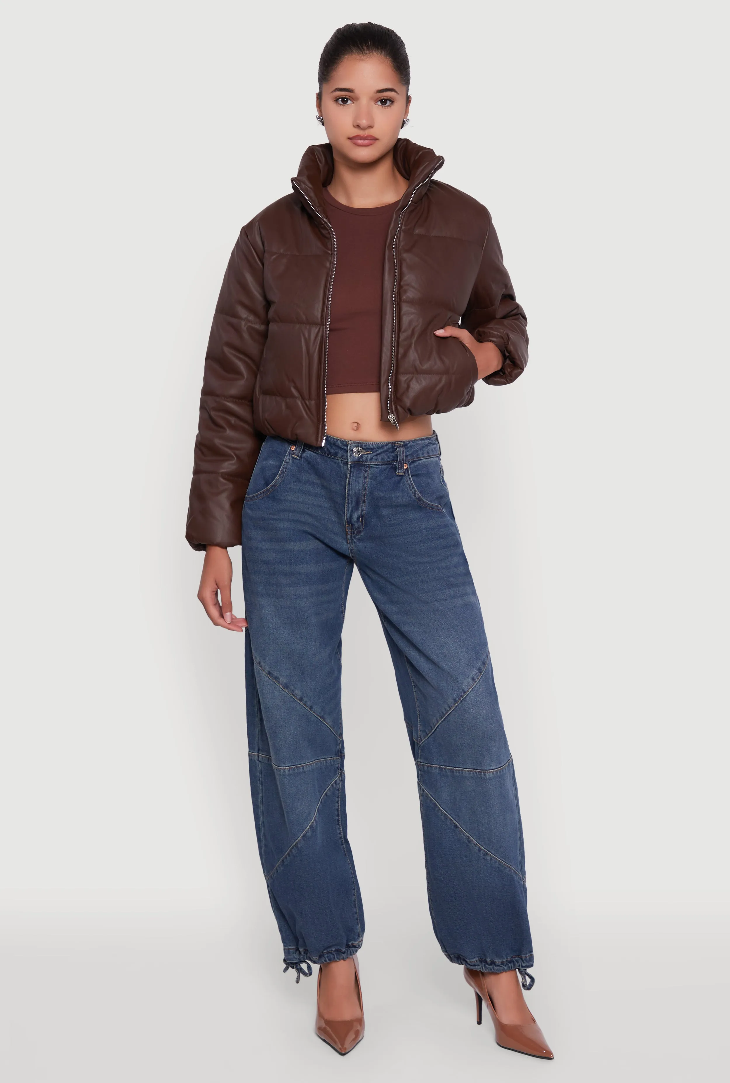 Cropped Faux Leather Puffer Jacket sold by Rainbow