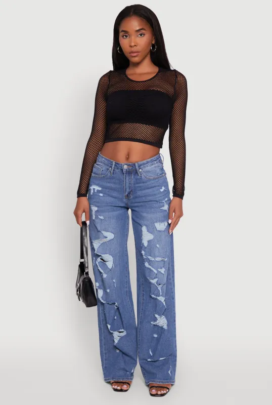 Fishnet Long Sleeve Solid Crop Top sold by Rainbow