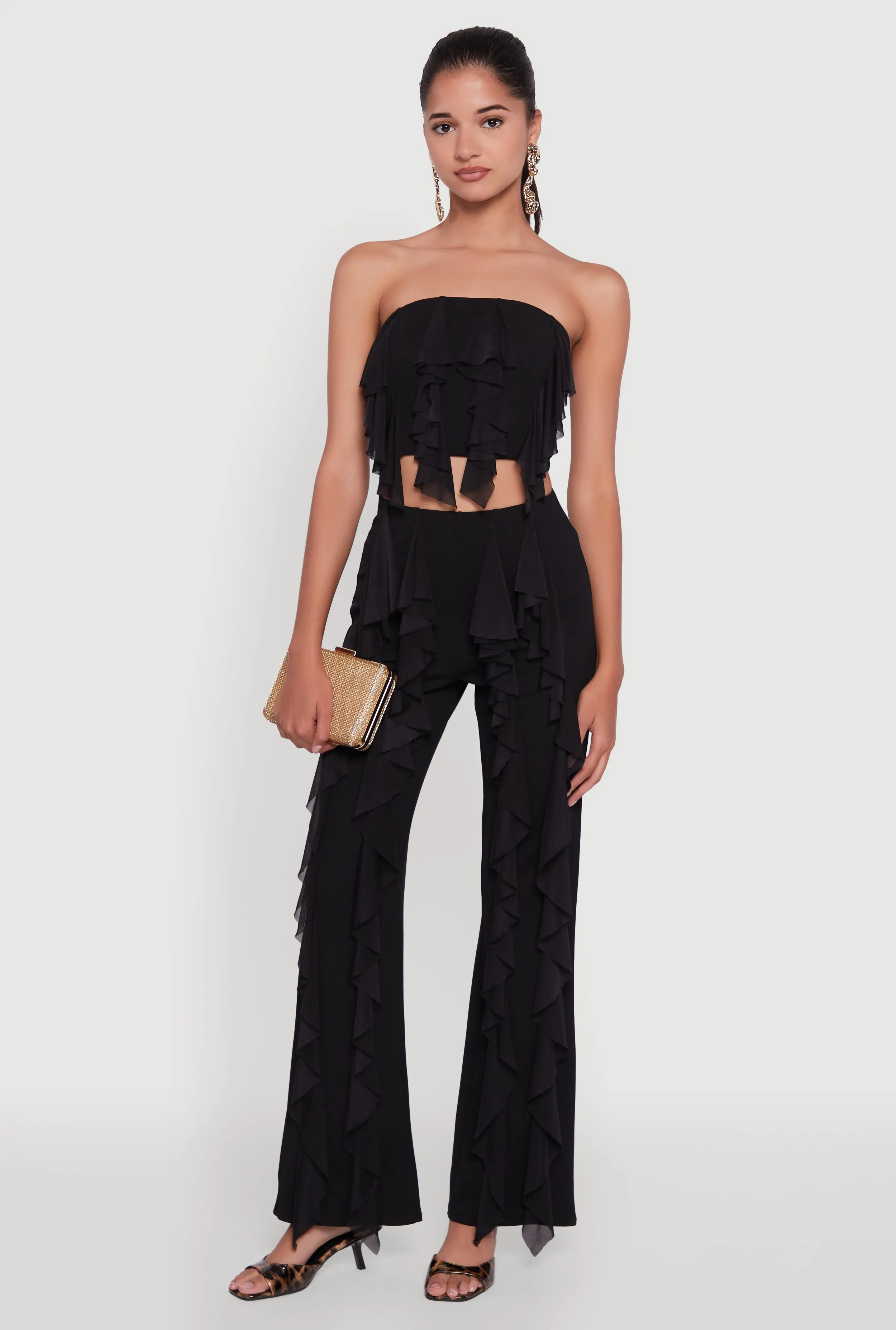 Ruffle Trim High Waisted Flared Leg Pants sold by Rainbow