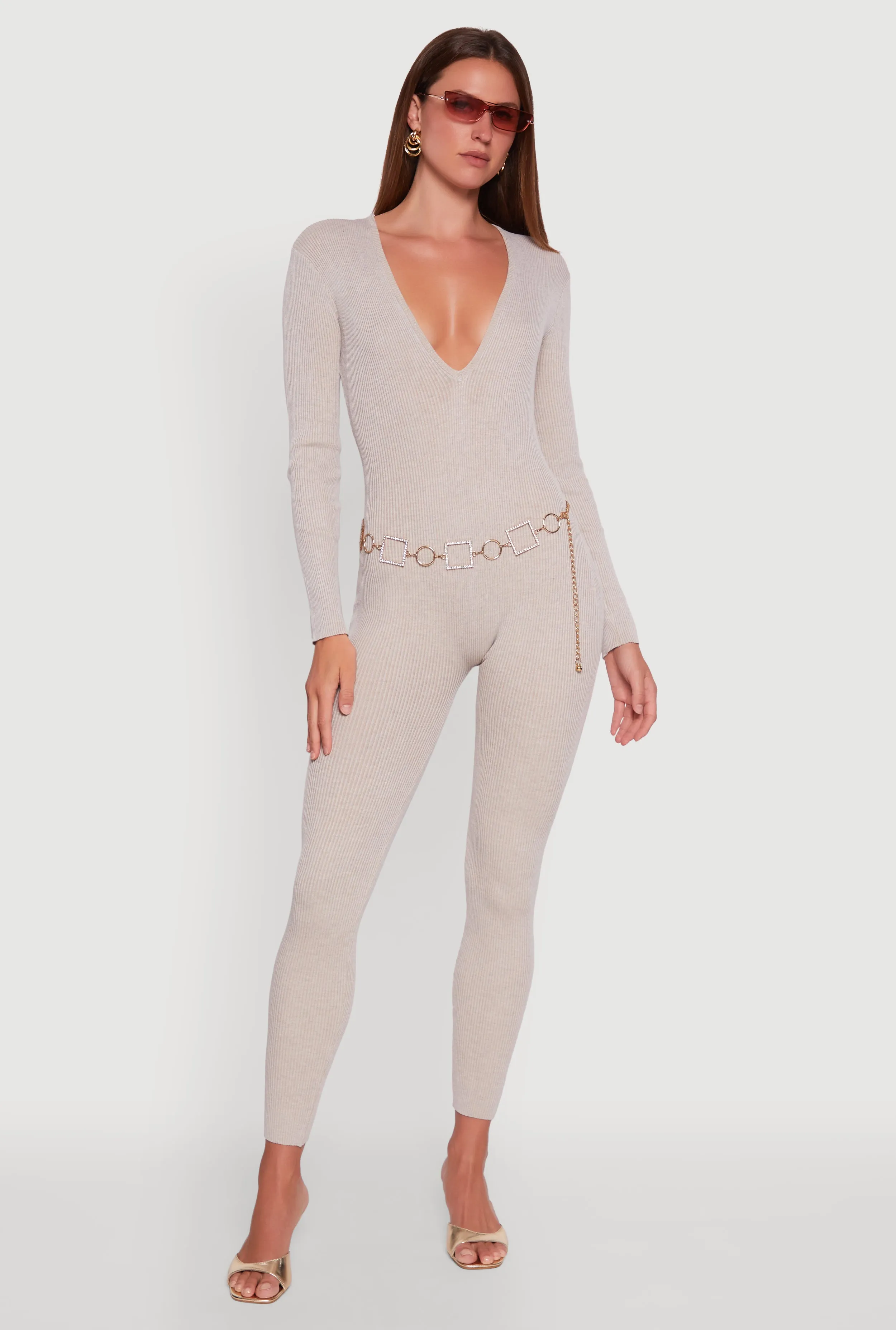Ribbed Knit Lace-Up Back Long Sleeve Jumpsuit sold by Rainbow