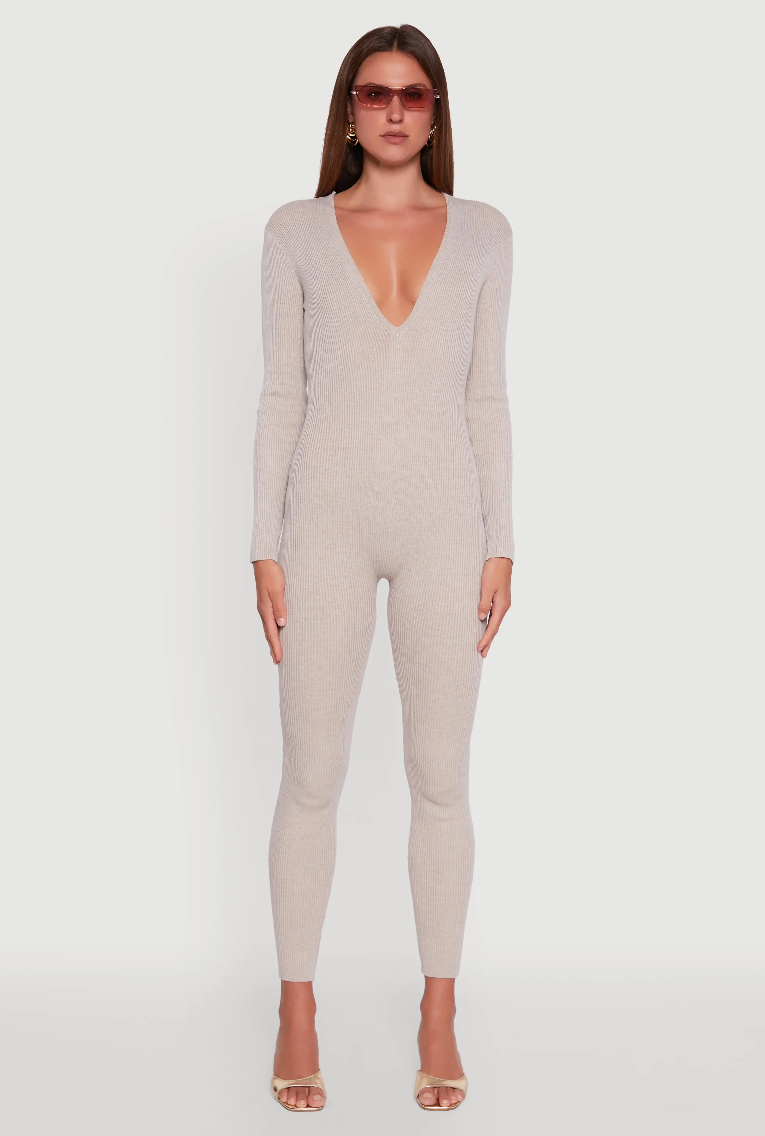 Ribbed Knit Lace-Up Back Long Sleeve Jumpsuit sold by Rainbow product image thumbnail 2