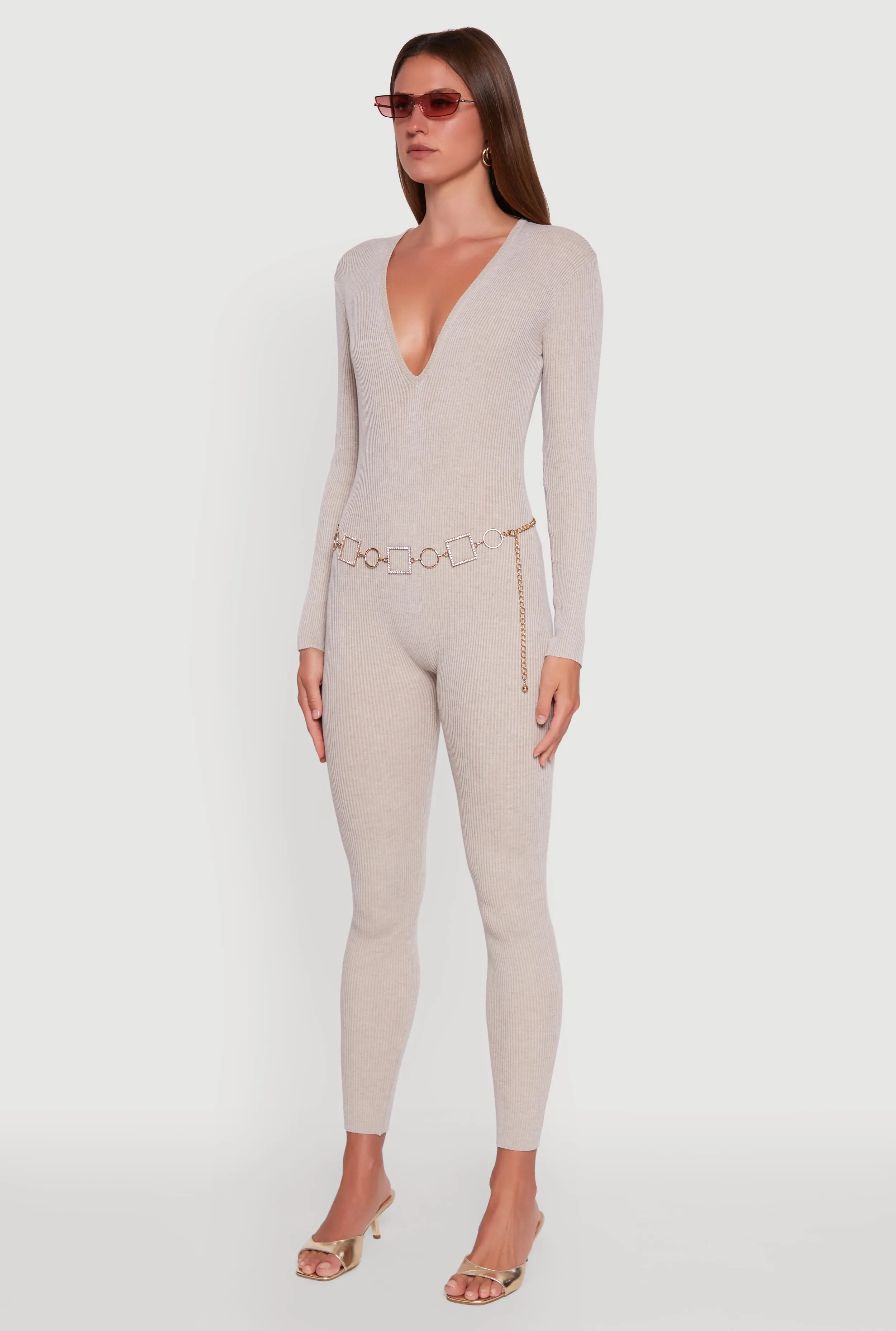Ribbed Knit Lace-Up Back Long Sleeve Jumpsuit sold by Rainbow product image thumbnail 3