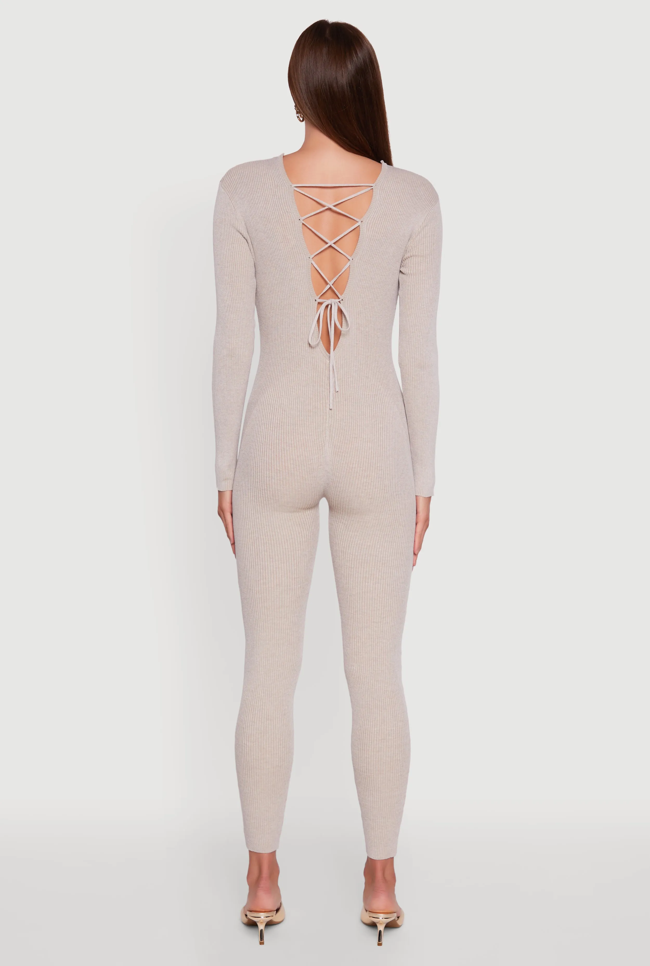 Ribbed Knit Lace-Up Back Long Sleeve Jumpsuit sold by Rainbow product image thumbnail 5