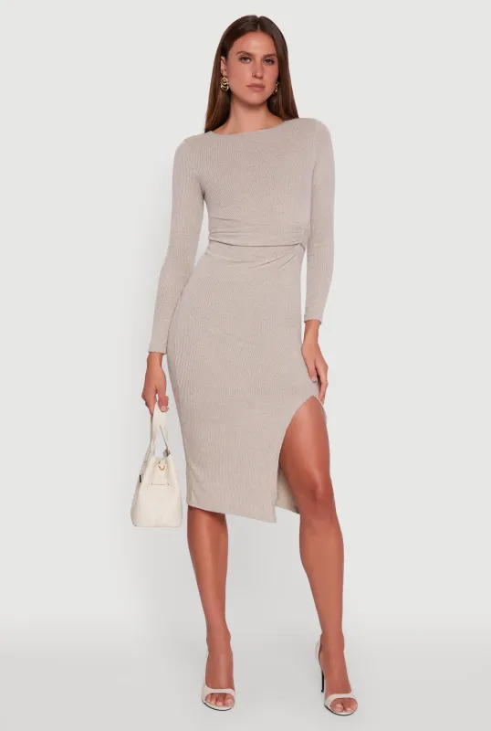 Marled Boat Neck Ruched Side Slit Midi Dress made by iris