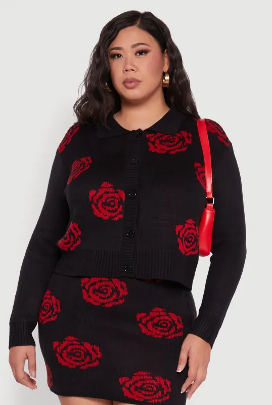 Plus Size Floral Pattern Collared Button Front Cardigan sold by Rainbow