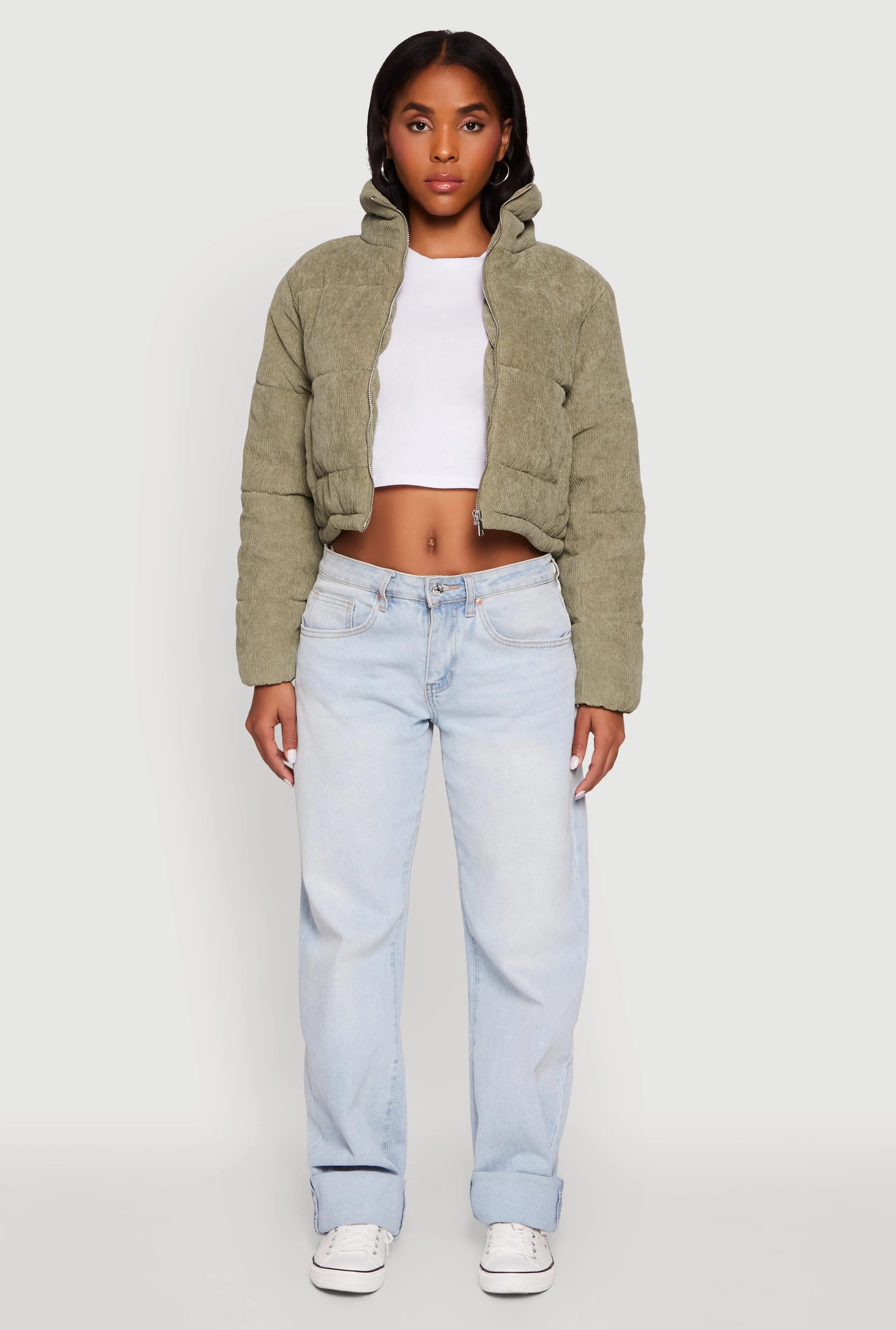 Mock Neck Zip Front Corduroy Puffer Jacket sold by Rainbow