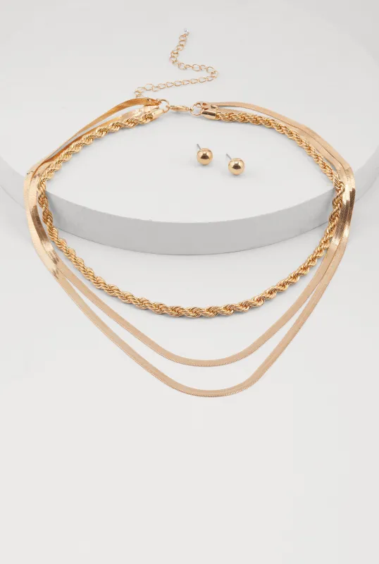 Assorted Metallic Layered Necklace and Stud Earrings sold by Rainbow