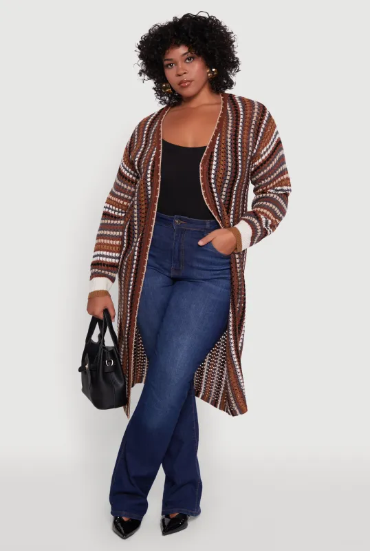Plus Size Striped Crochet Open Front Long Cardigan sold by Rainbow