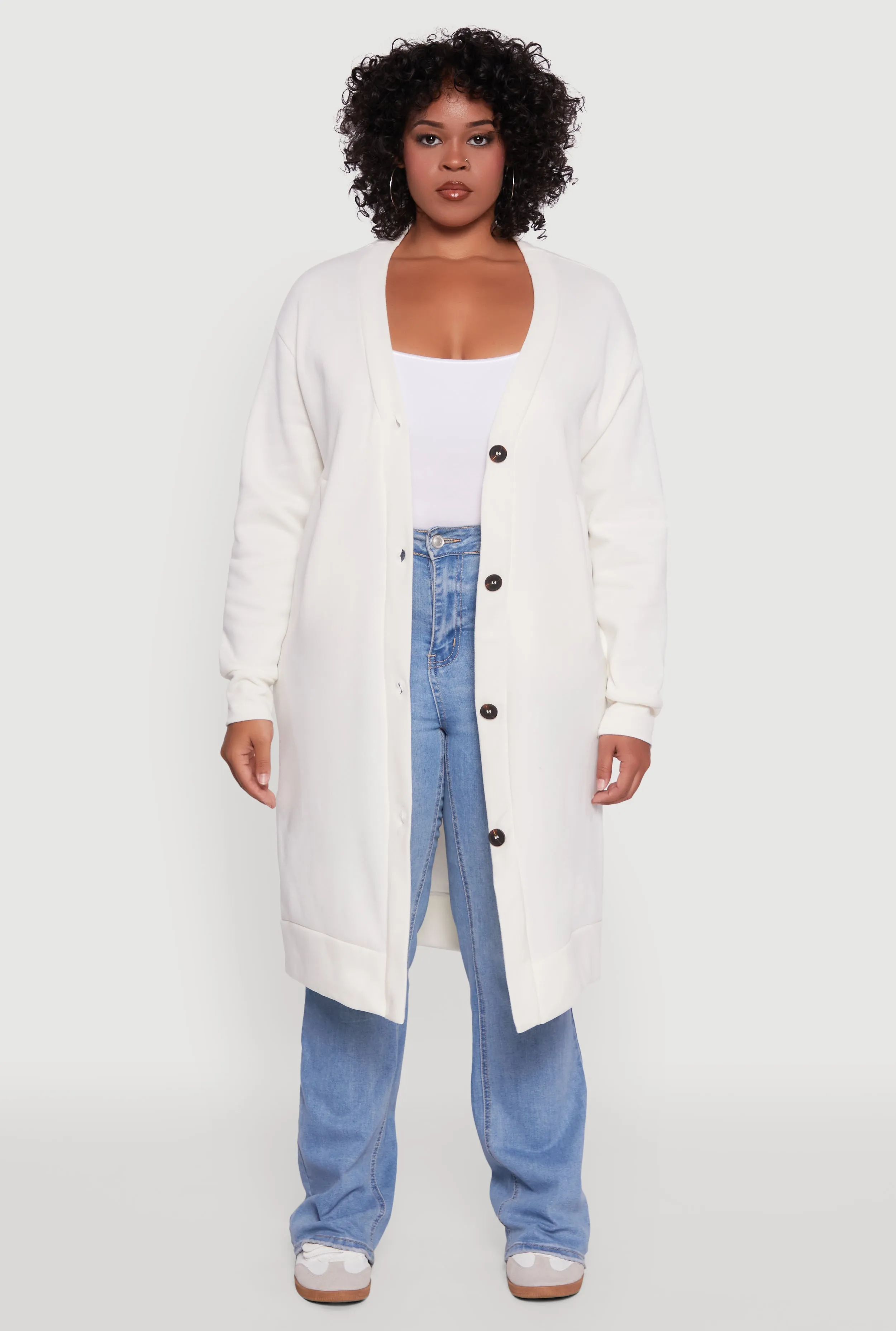 Plus Size Fleece Lined Button Front Long Cardigan sold by Rainbow product image thumbnail 2