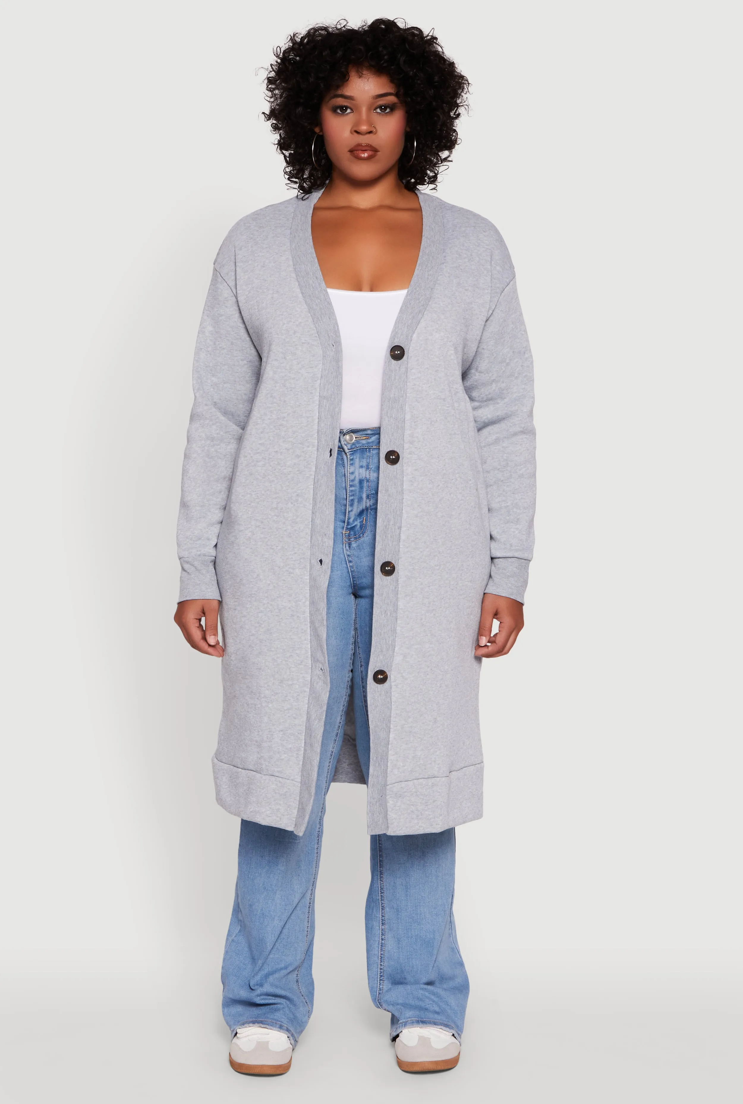 Plus Size Fleece Lined Button Front Long Cardigan sold by Rainbow