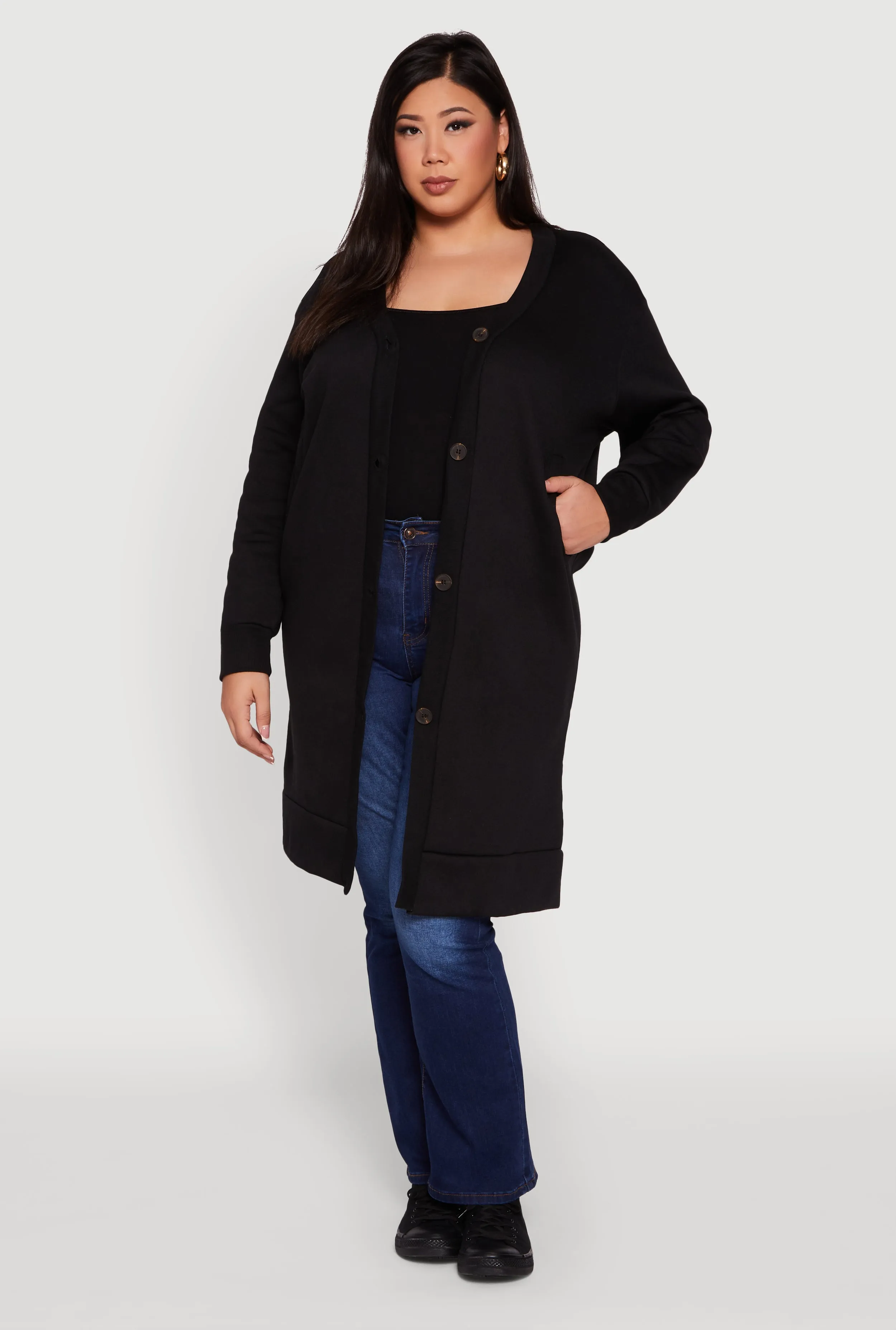 Plus Size Fleece Lined Button Front Long Cardigan sold by Rainbow product image thumbnail 2