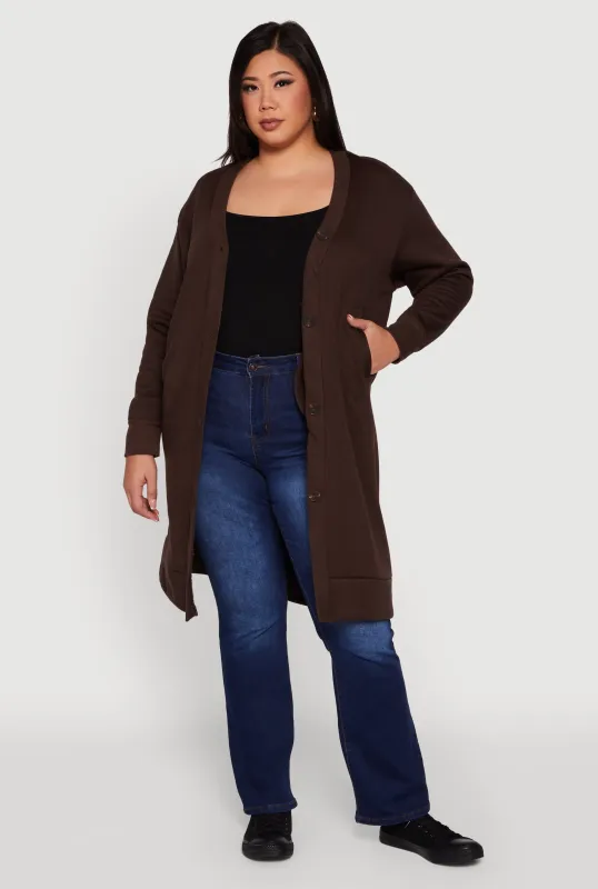 Plus Size Fleece Lined Button Front Long Cardigan sold by Rainbow