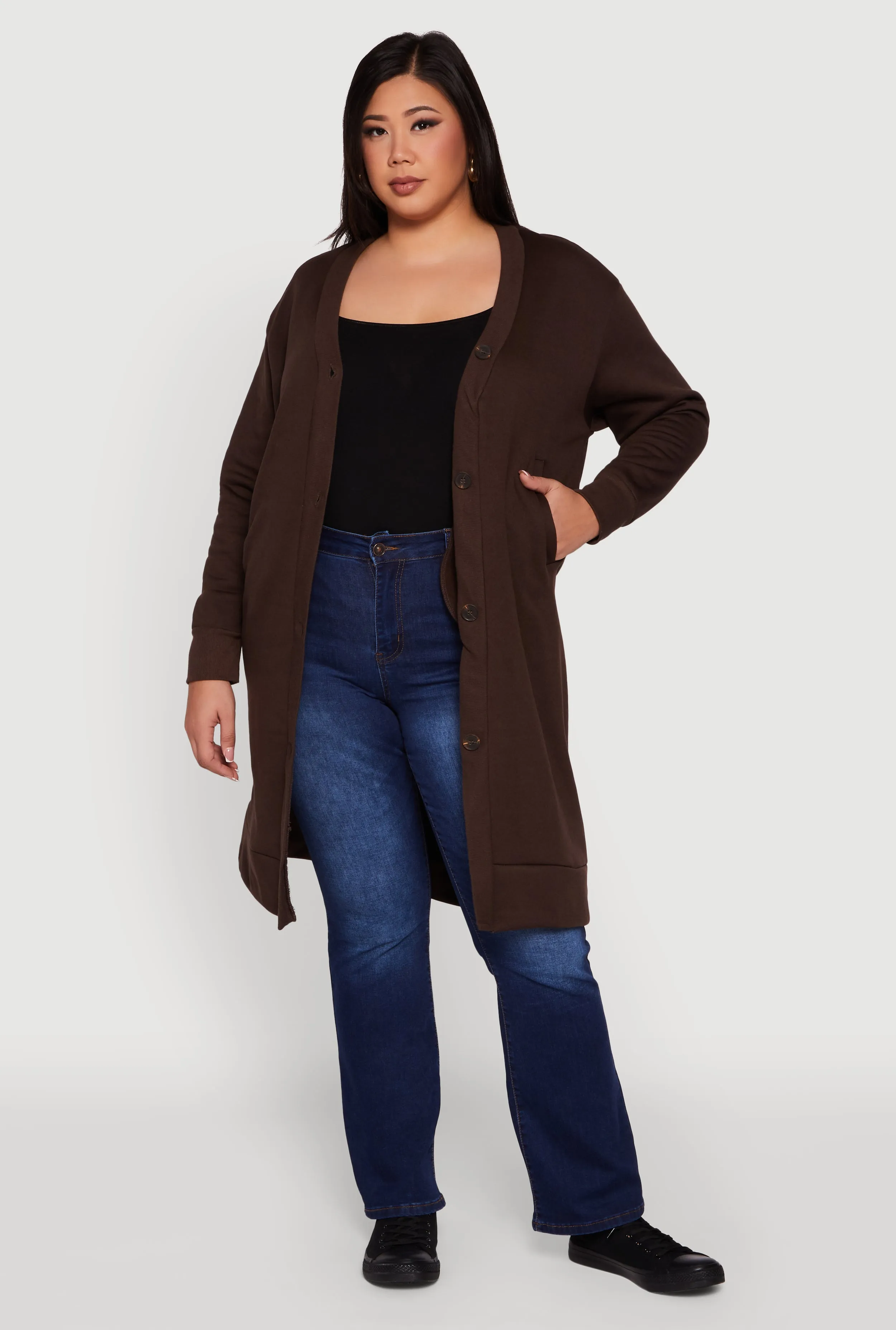 Plus Size Fleece Lined Button Front Long Cardigan sold by Rainbow