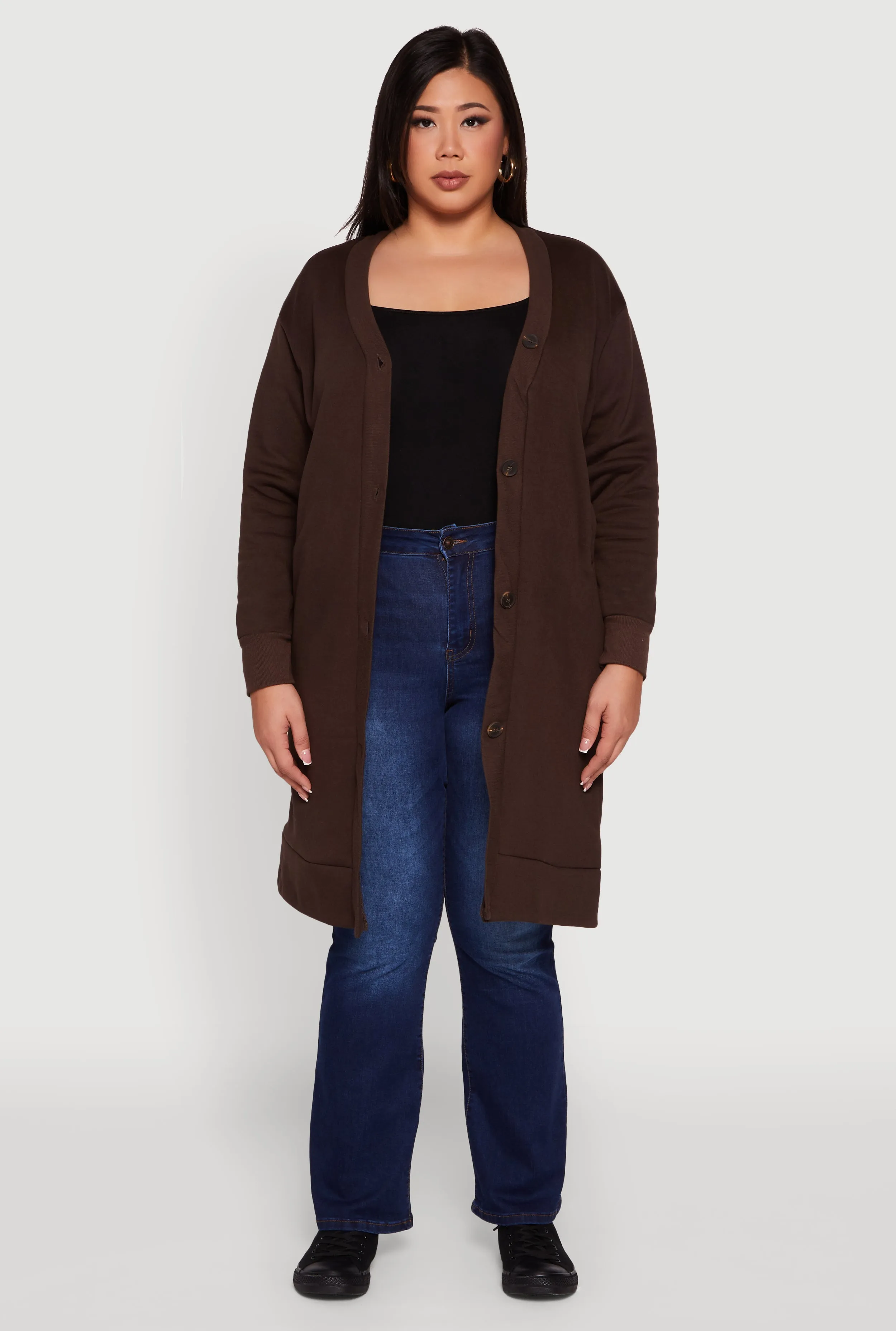 Plus Size Fleece Lined Button Front Long Cardigan sold by Rainbow product image thumbnail 2