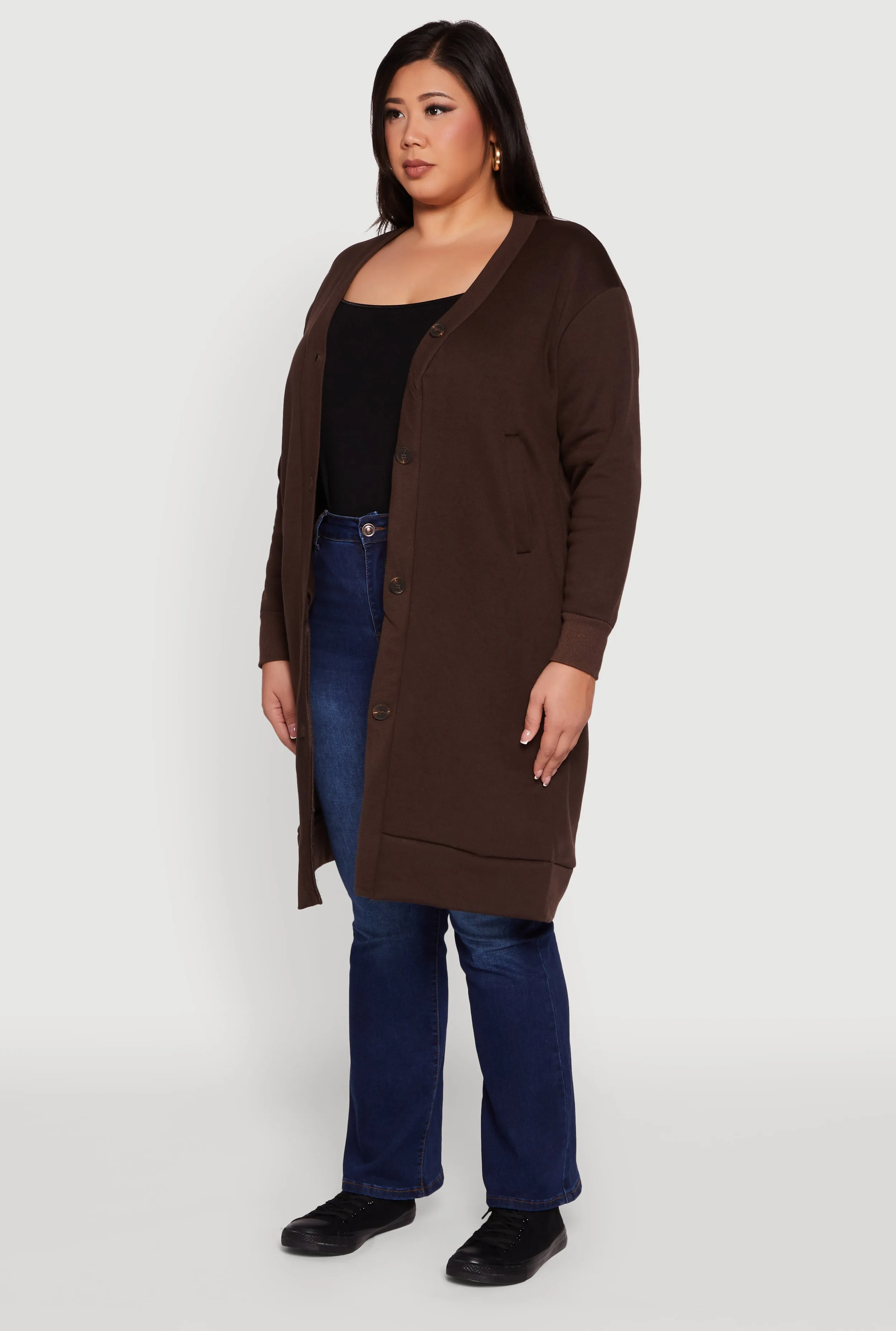 Plus Size Fleece Lined Button Front Long Cardigan sold by Rainbow product image thumbnail 3