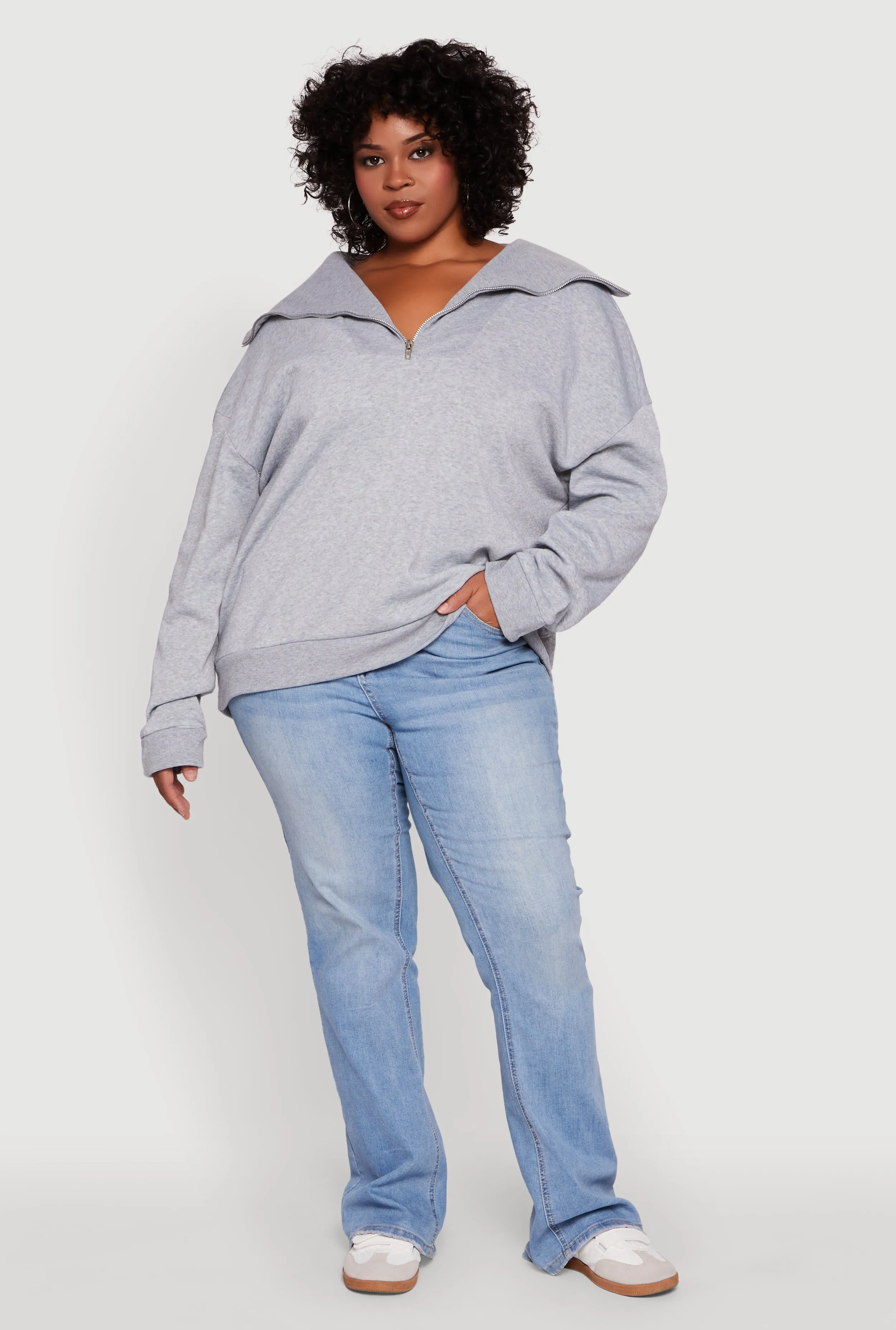 Plus Size Fleece Lined Collared Half Zip Sweatshirt sold by Rainbow