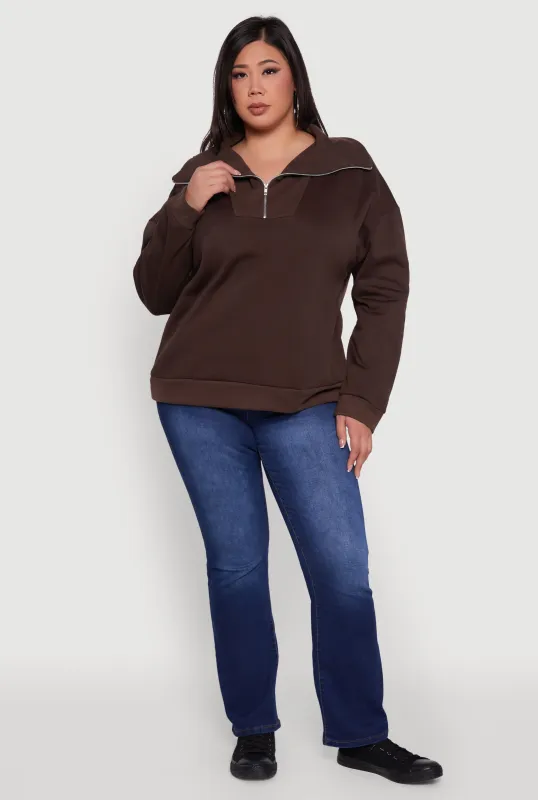 Plus Size Fleece Lined Collared Half Zip Sweatshirt sold by Rainbow