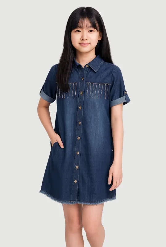 Girls Denim Shirt Dress with Rhinestone Fringe sold by Rainbow