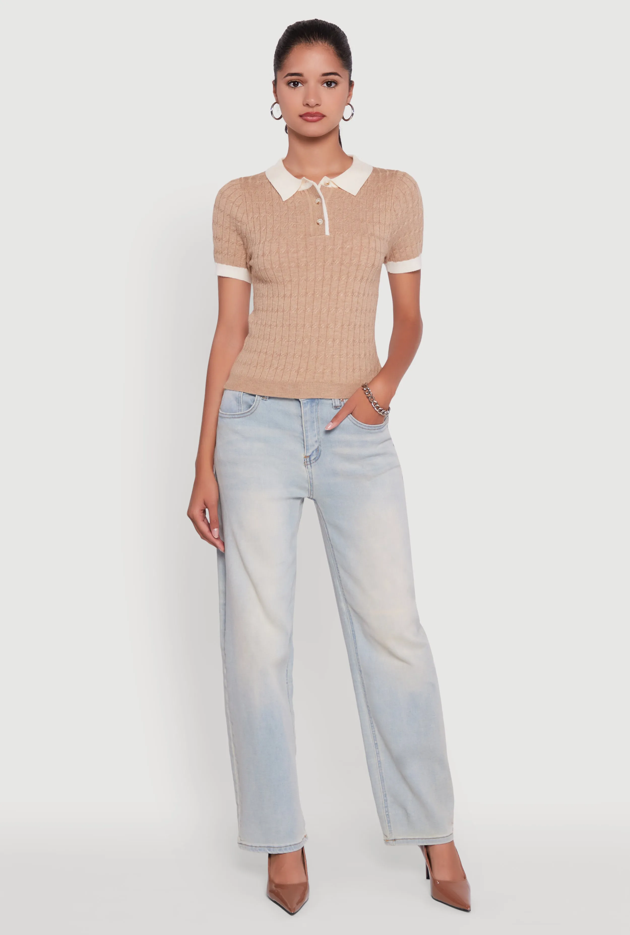 Contrast Trim Cable Knit Sweater Polo sold by Rainbow