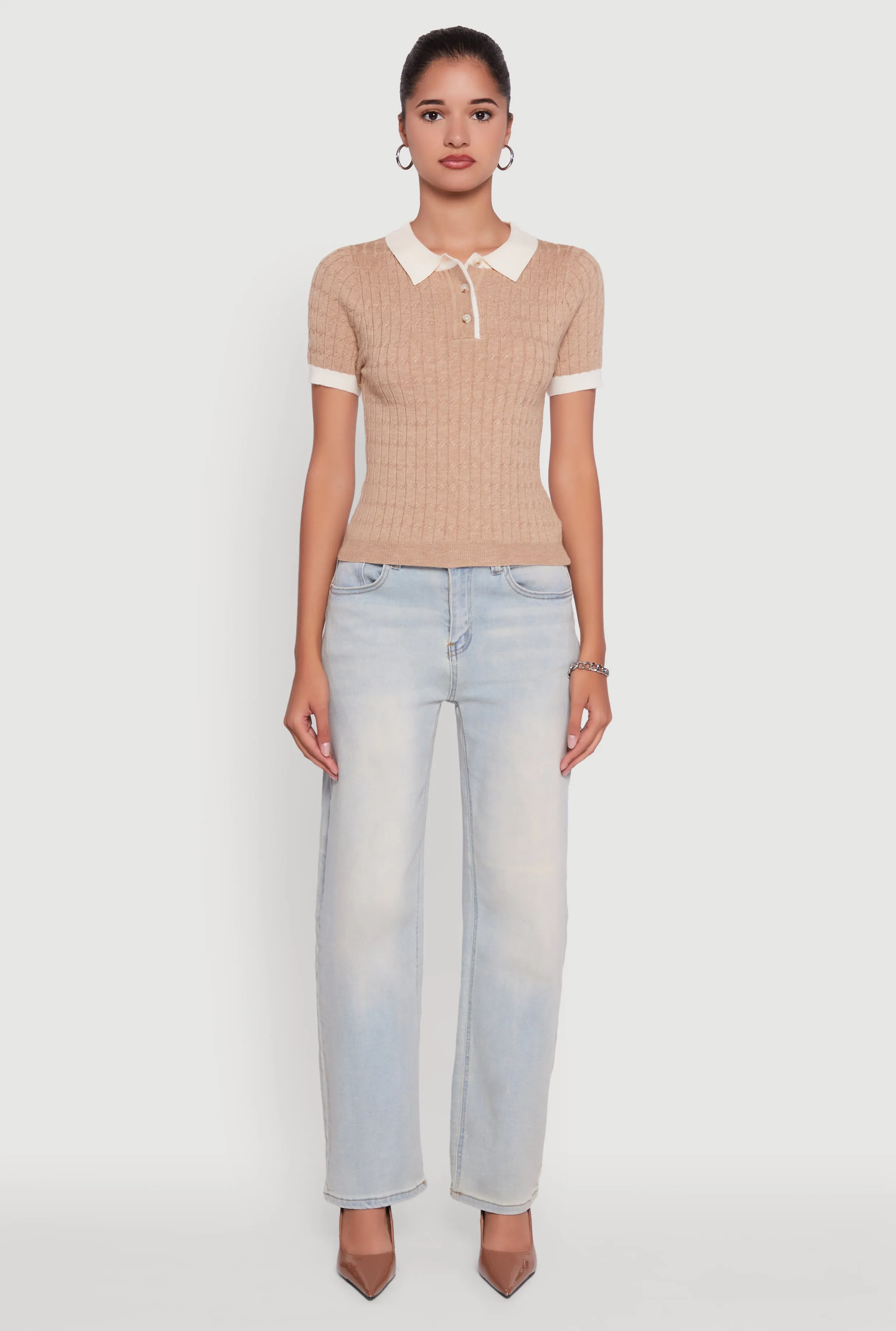 Contrast Trim Cable Knit Sweater Polo sold by Rainbow product image thumbnail 3