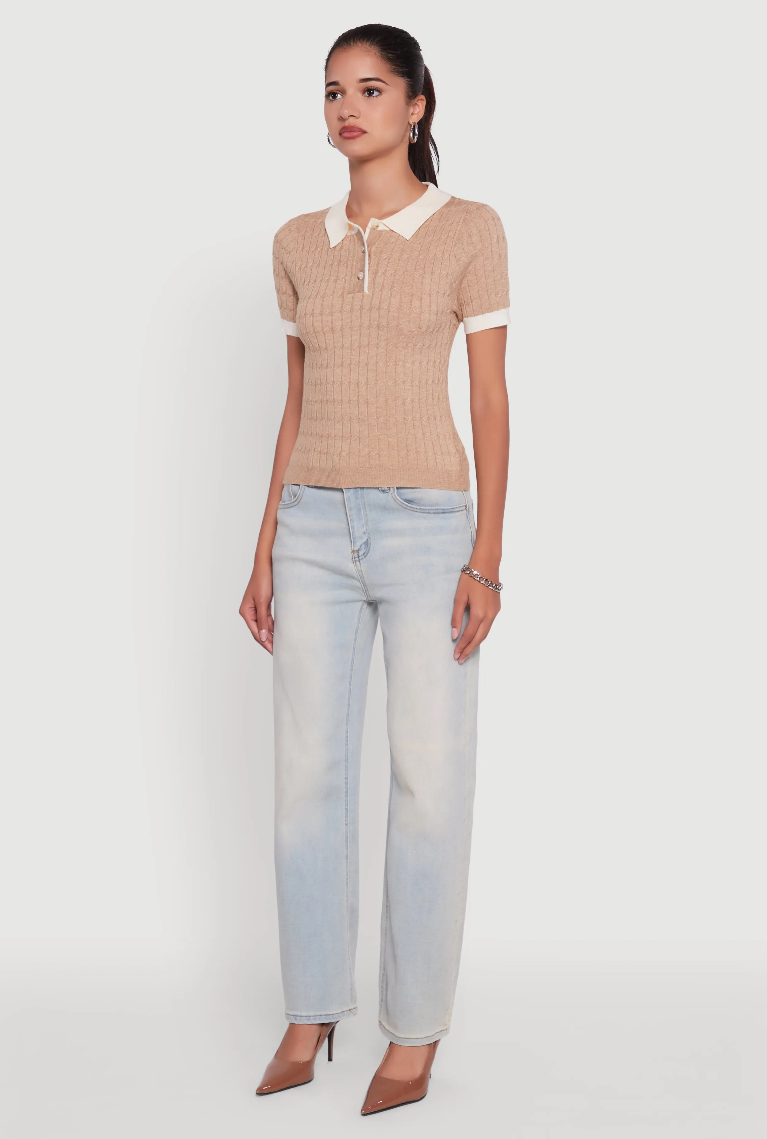 Contrast Trim Cable Knit Sweater Polo sold by Rainbow product image thumbnail 5