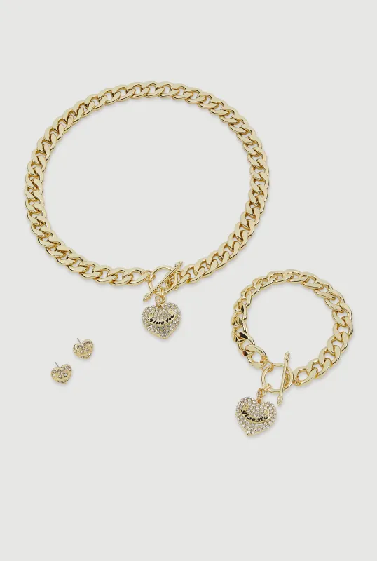 Rhinestone Heart Toggle Charm Necklace with Bracelet and Earrings sold by Rainbow