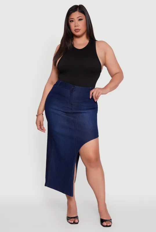Plus Size Denim High Waisted Asymmetrical Midi Skirt sold by Rainbow