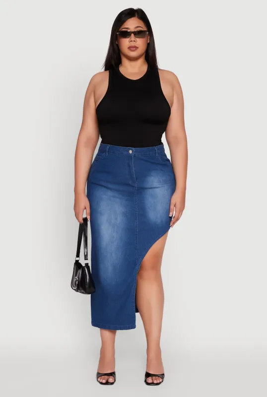 Plus Size Denim High Waisted Asymmetrical Midi Skirt sold by Rainbow
