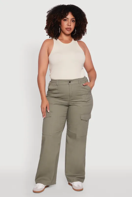 Plus Size High Waisted Twill Wide Leg Cargo Pants sold by Rainbow