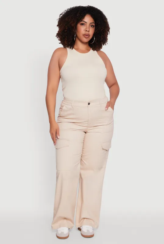 Plus Size High Waisted Twill Wide Leg Cargo Pants sold by Rainbow