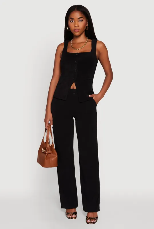 High Waisted Wide Leg Pants with Faux Buttons sold by Rainbow