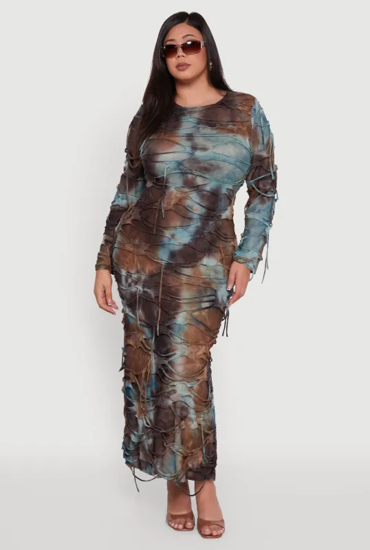 Plus Size Tie Dye Distressed Long Sleeve Maxi Dress sold by Rainbow