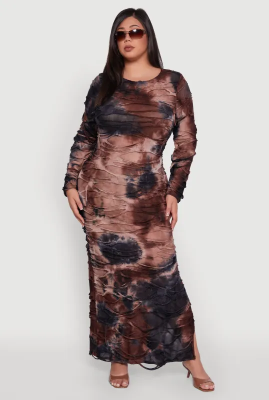 Plus Size Tie Dye Distressed Long Sleeve Maxi Dress sold by Rainbow