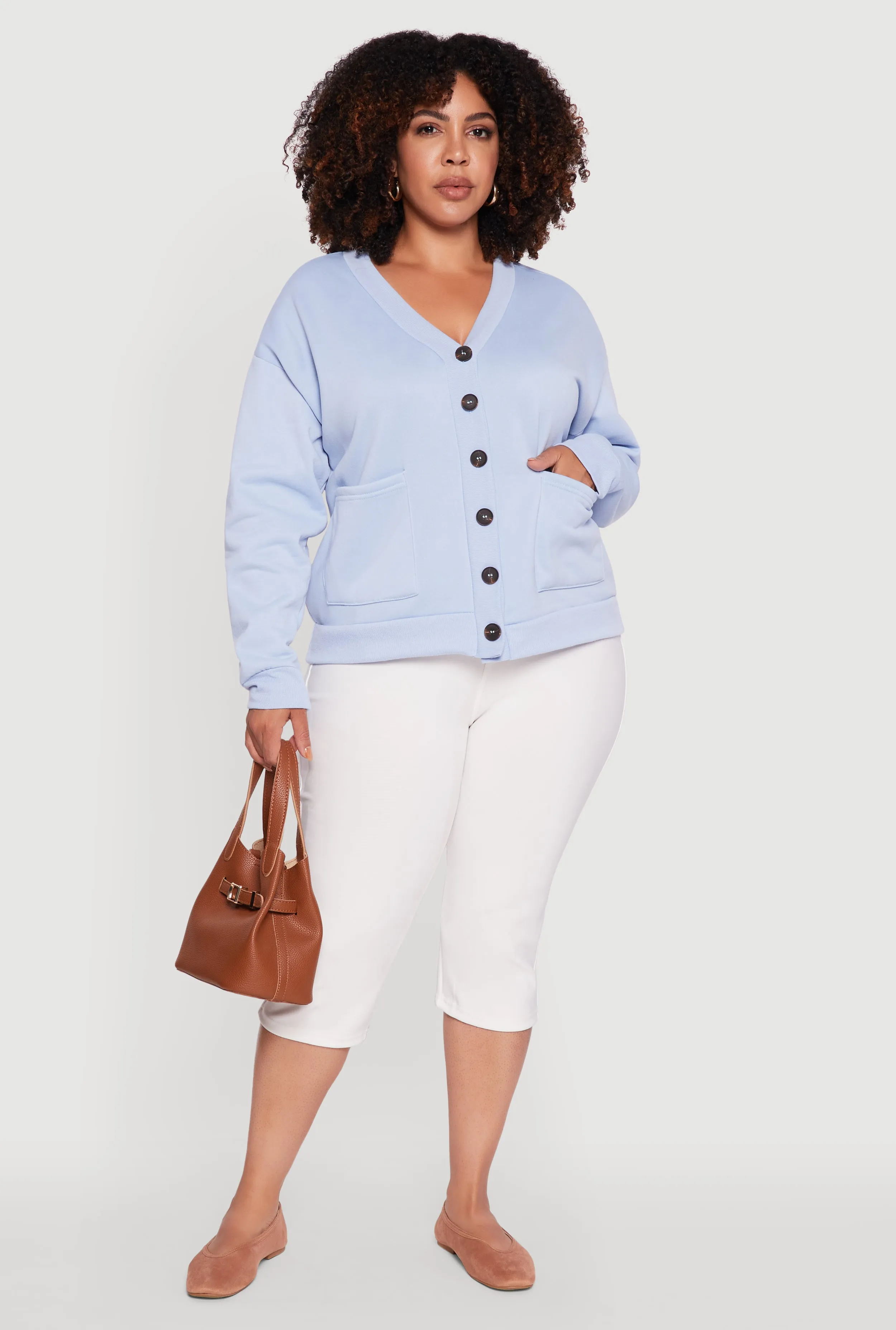 Plus Size Oversized Fleece Lined Button Front Cardigan sold by Rainbow