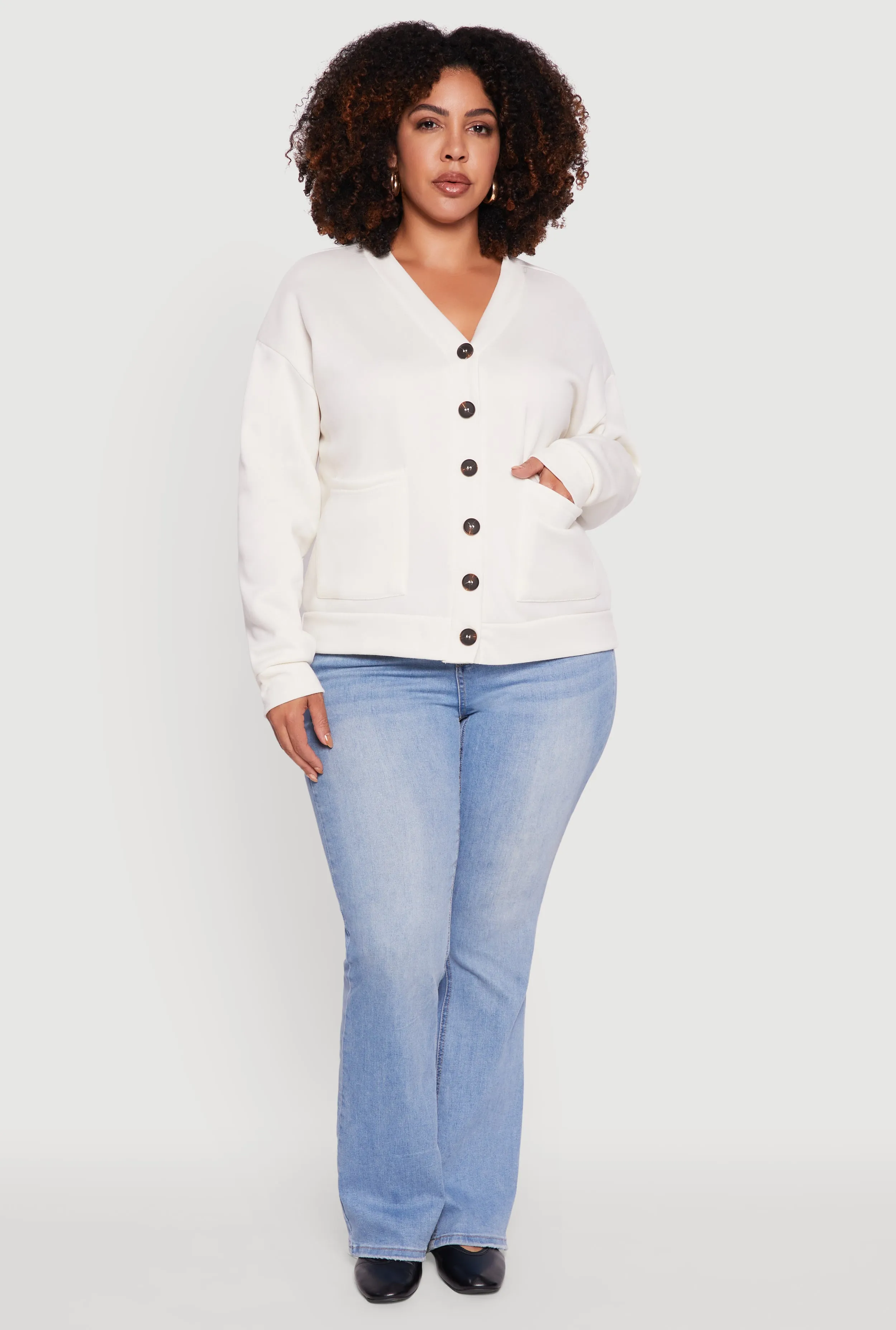 Plus Size Oversized Fleece Lined Button Front Cardigan sold by Rainbow