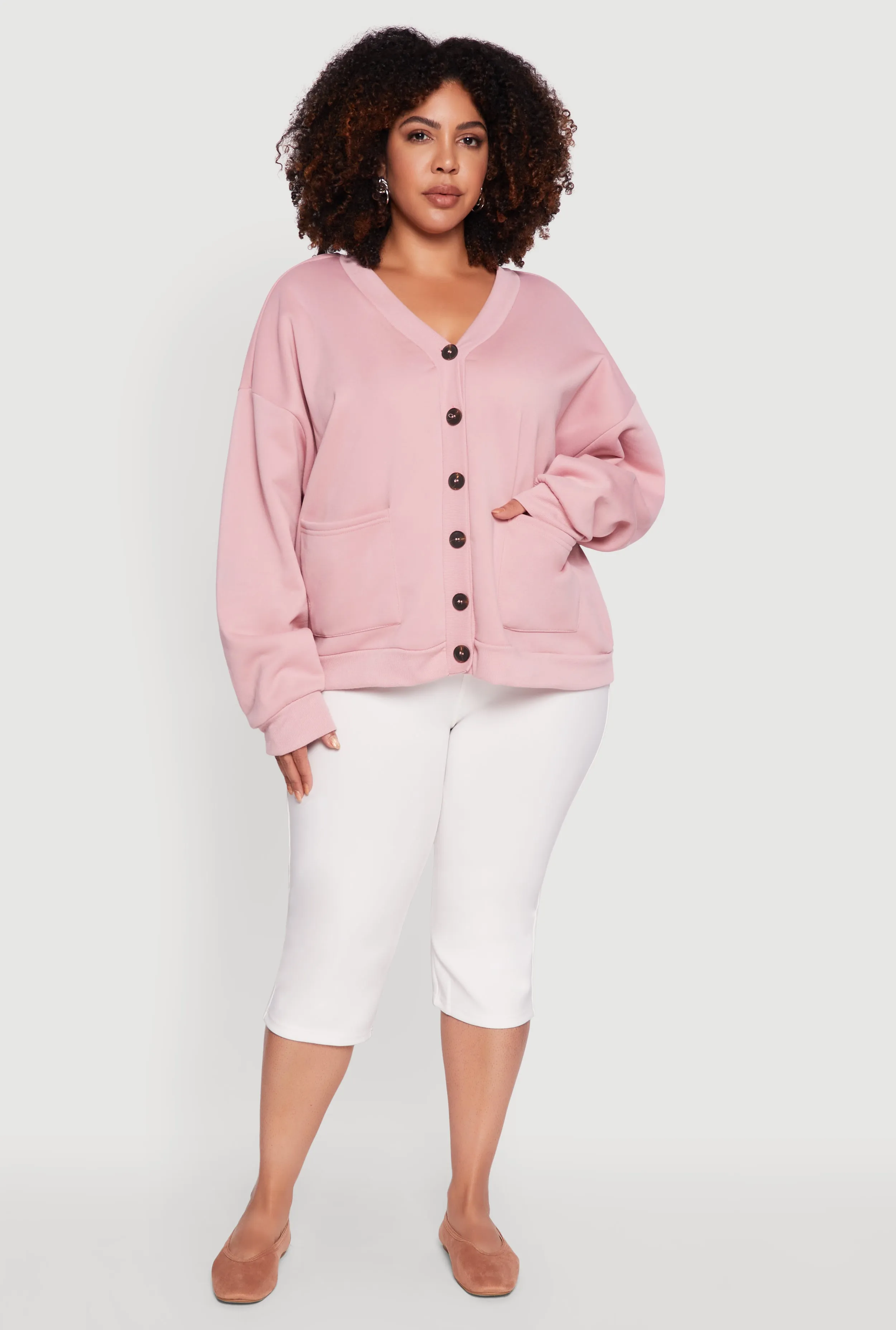 Plus Size Oversized Fleece Lined Button Front Cardigan sold by Rainbow